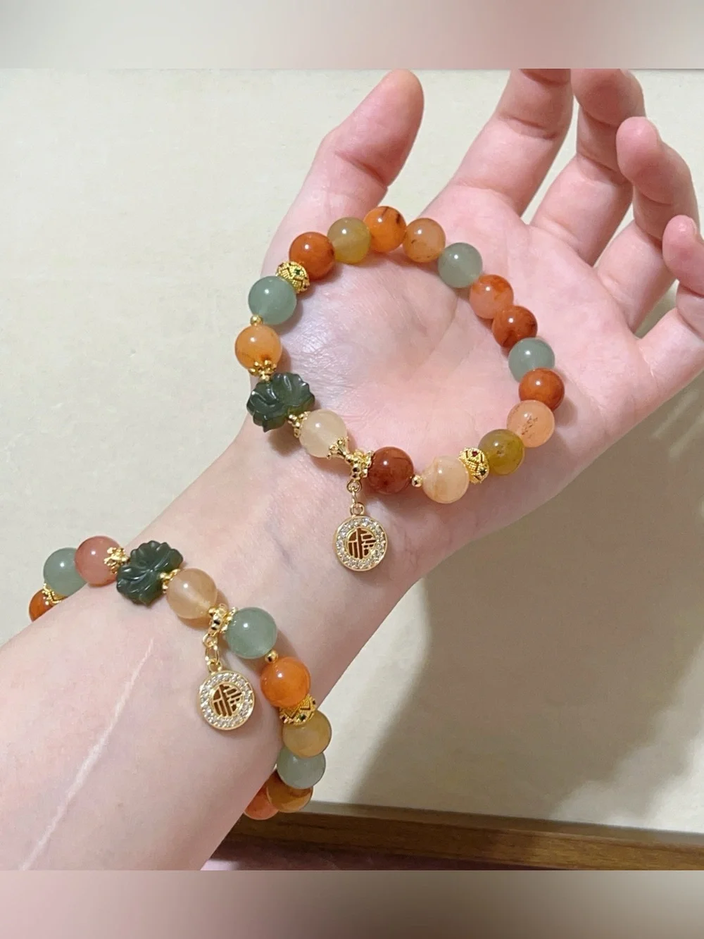 Handmade GoldenSilk Jade Bracelet ｜ Green Jade Lotus Charm & Lucky Fu福Dangle